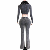 A two-piece matching set featuring a long-sleeve crop top with a black feather collar and high-waisted flared pants, both in a gray acid-wash texture, shown from the back on a white background.