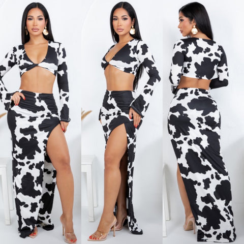 Western cow print skirt set