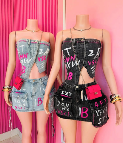 Graffiti Goddess denim skirt set