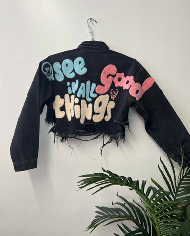 See the good in all things denim crop jacket