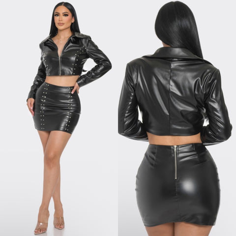 Leather rhinestone skirt set